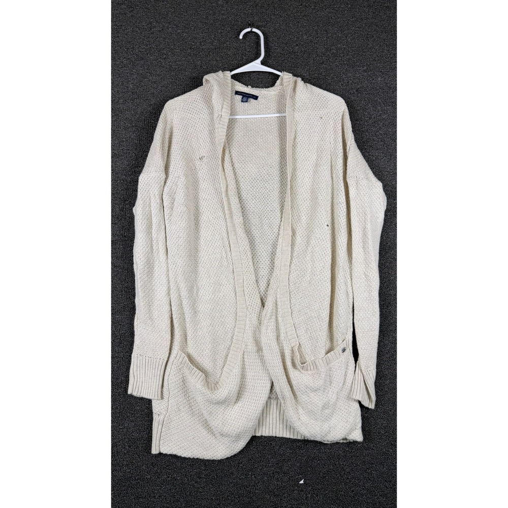 American Eagle Cream Hooded Open Front Cardigan Sweater Pockets Size M